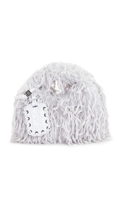 ganni hobo mini feather bag in light grey.