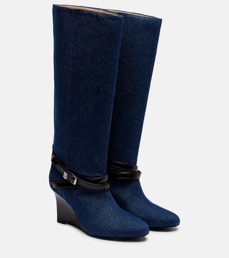 ganni kat denim knee-high wedge boots