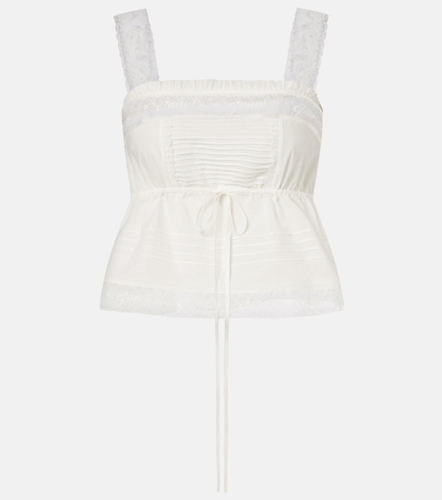 ganni lace-trimmed ruffled cotton crop top