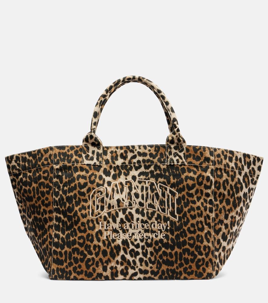 ganni large leopard-print canvas tote bag