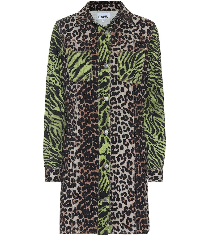 ganni leopard-print denim shirt dress