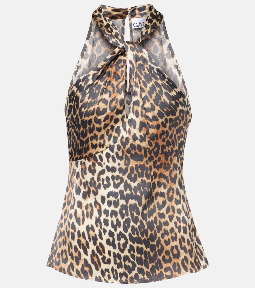 ganni leopard-print halterneck satin top