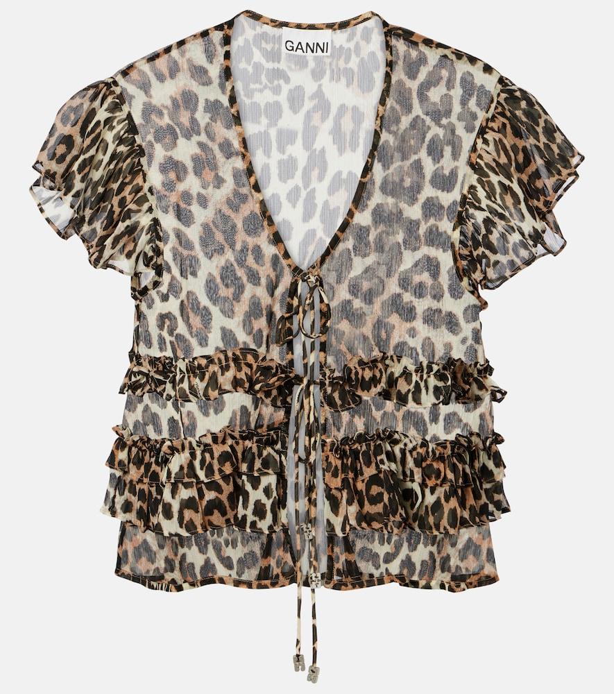 ganni leopard-print ruffled chiffon blouse