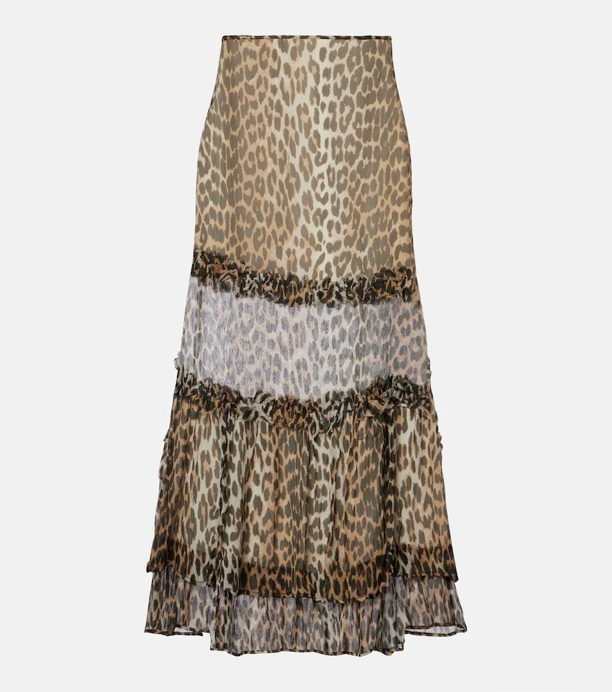 ganni leopard-print ruffled chiffon maxi skirt