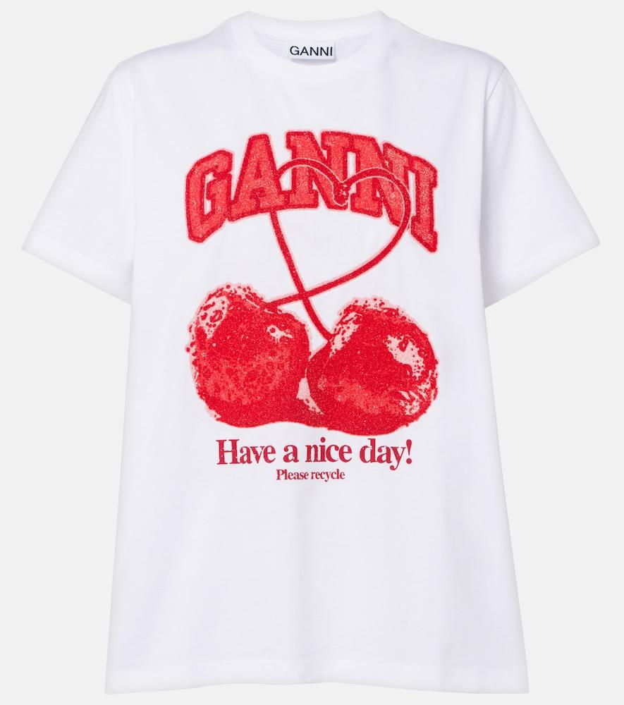 ganni logo embellished cotton jersey t-shirt