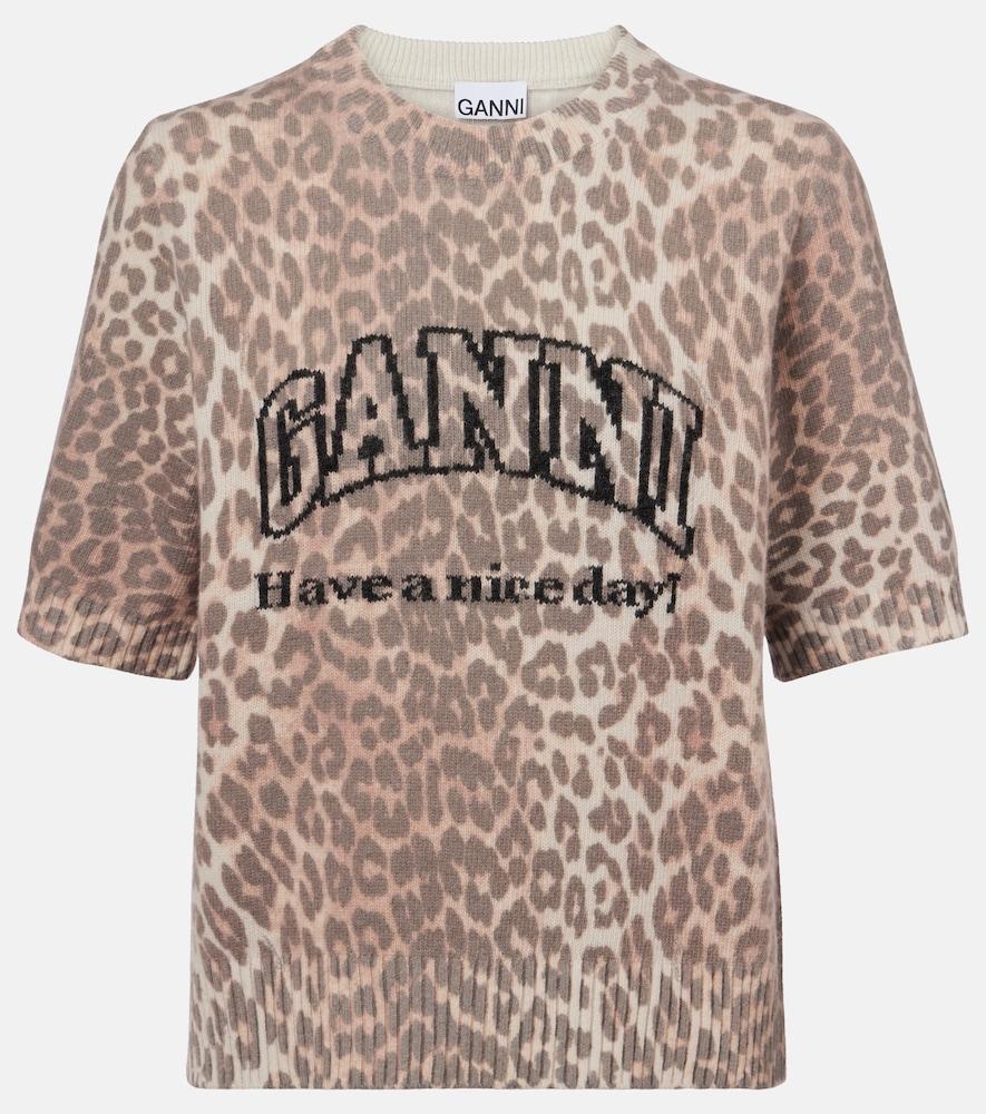 ganni logo leopard-print wool-blend top
