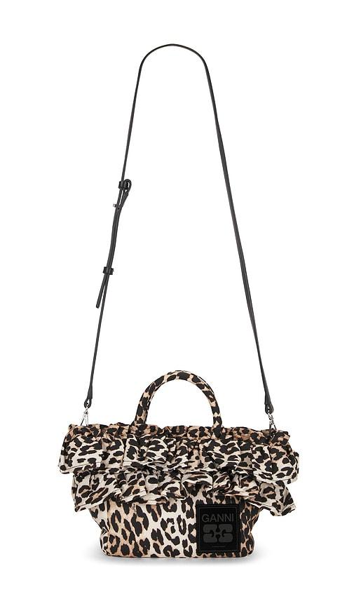 ganni mini shopper ruffle print in brown.