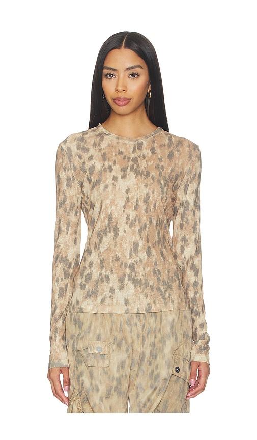 ganni printed marl mesh long sleeve top in beige. - size 34 (also in 36, 38, 40, 42)
