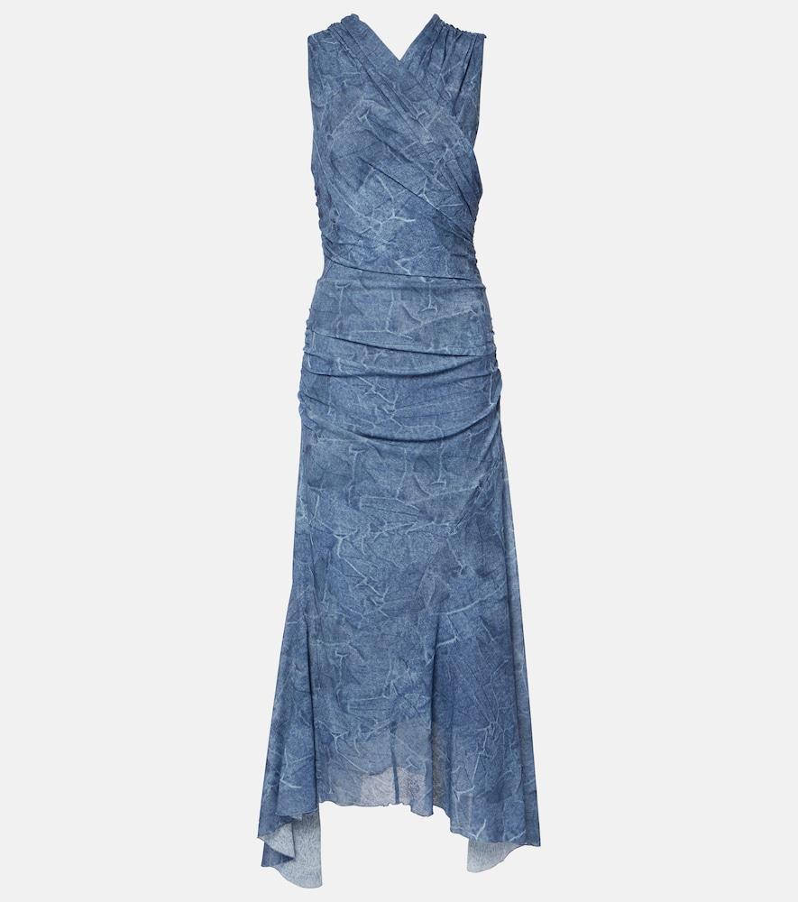 ganni printed ruched mesh maxi dress