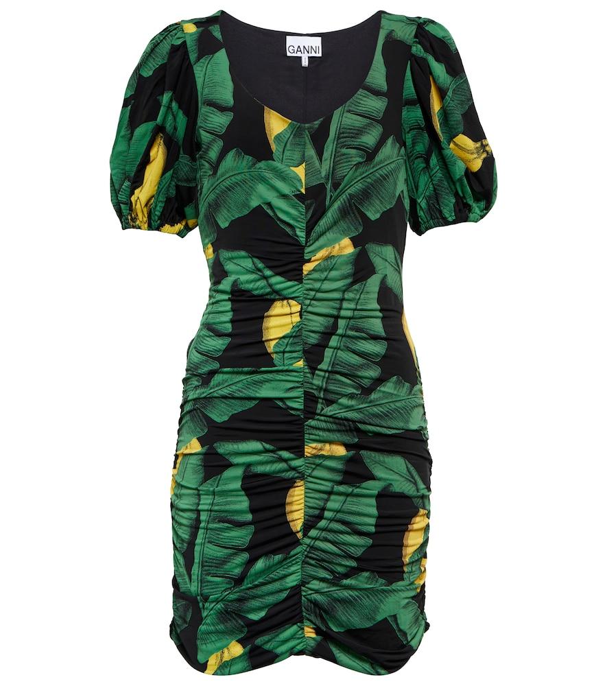 ganni printed ruched mini dress