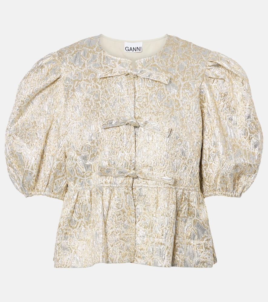 ganni puff-sleeve brocade top