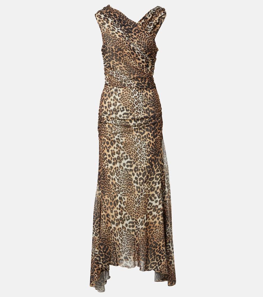 ganni ruched leopard-print mesh maxi dress