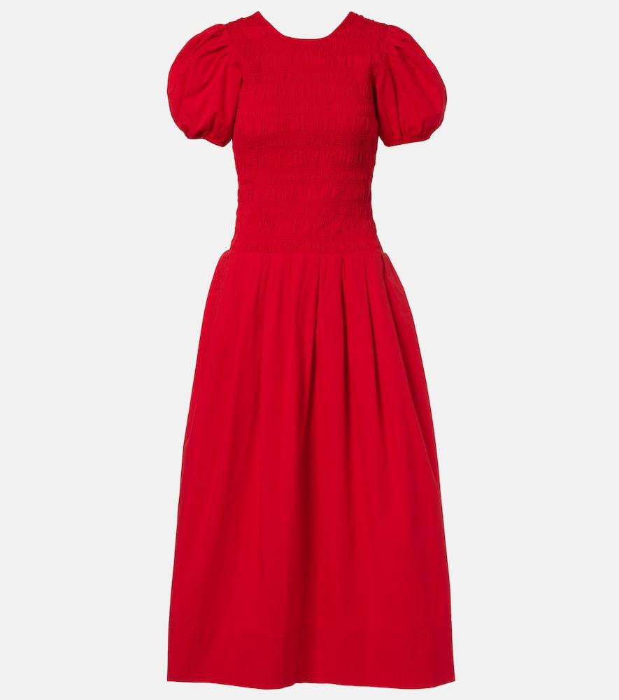 ganni shirred cotton-blend poplin midi dress
