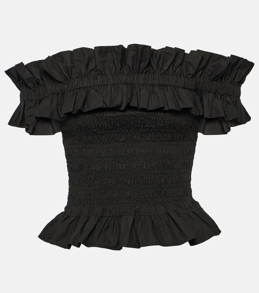 ganni smocked off-shoulder cotton poplin top