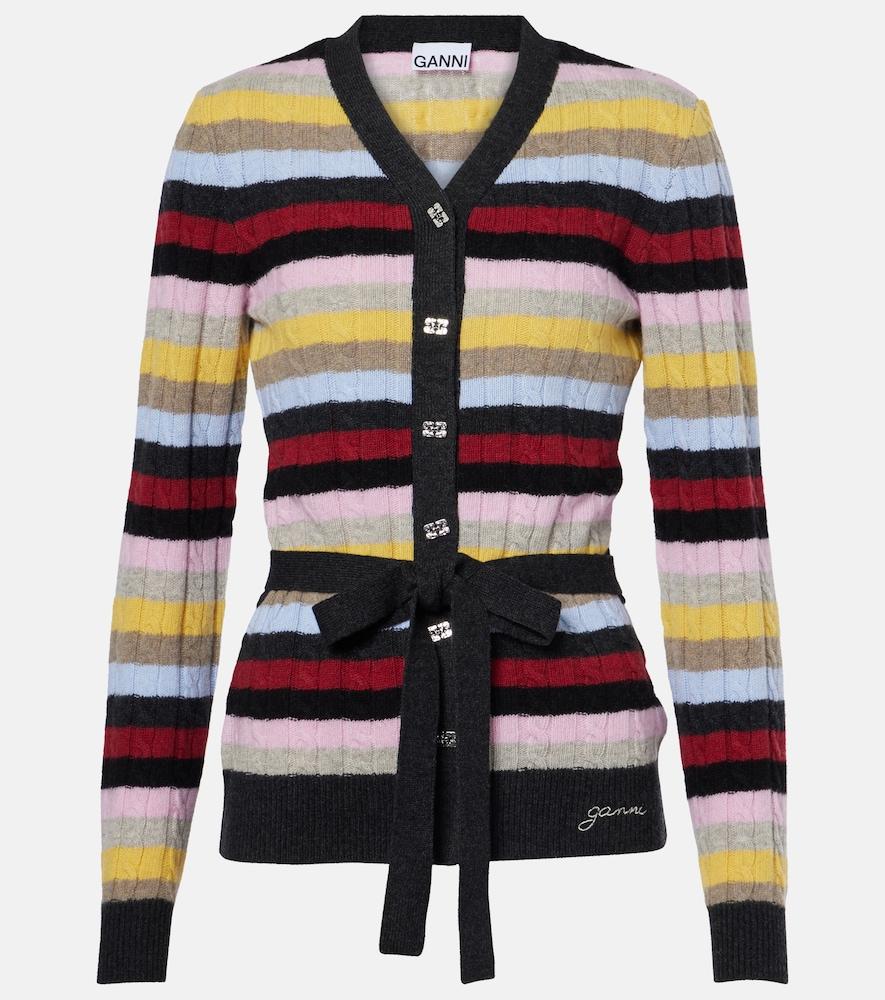 ganni striped cable-knit wool-blend cardigan