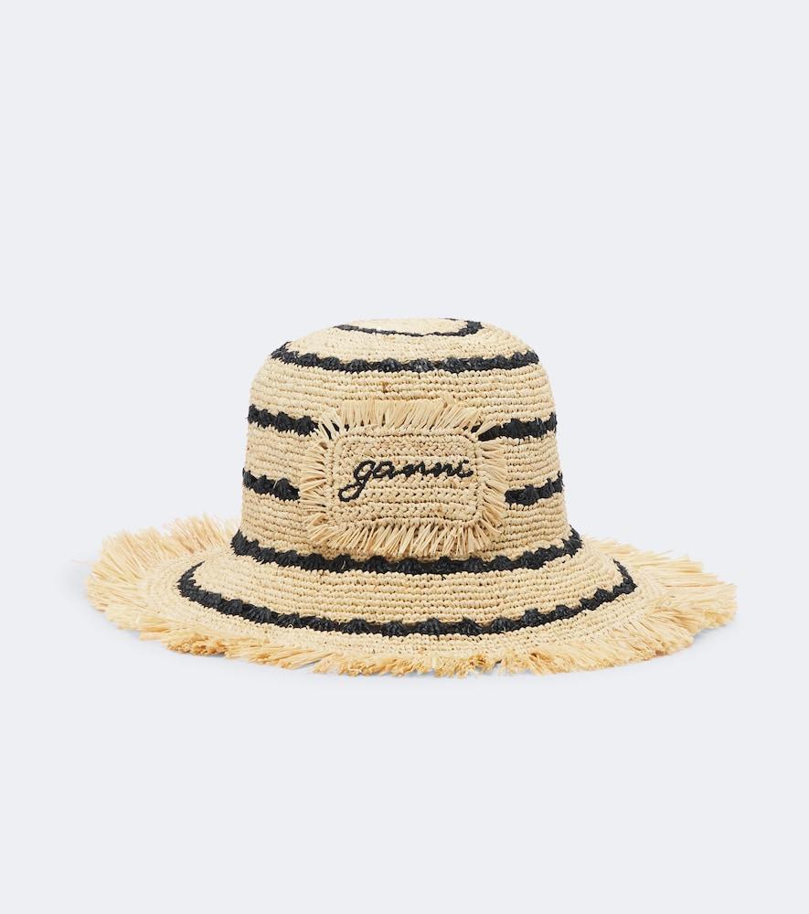 ganni striped raffia bucket hat