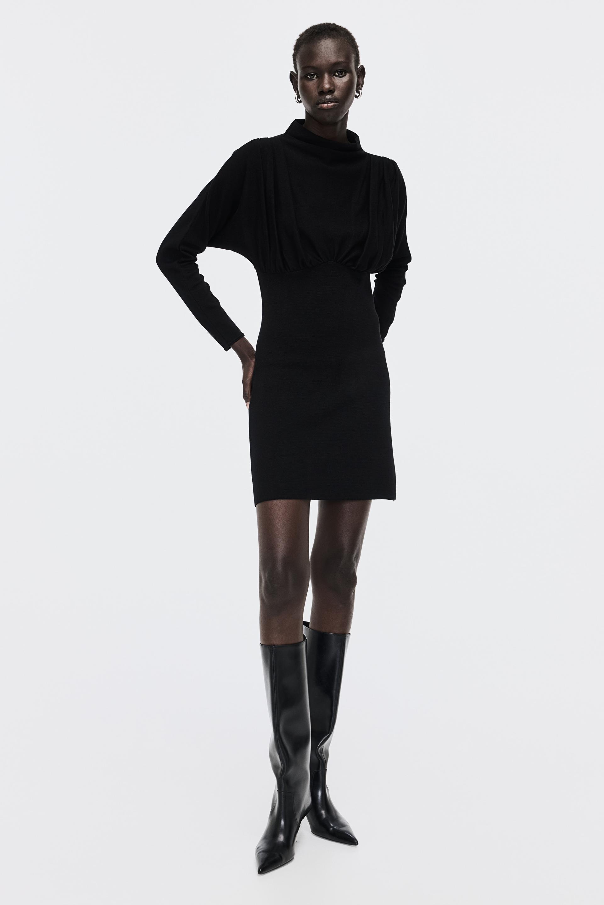 gathered mock turtleneck dress