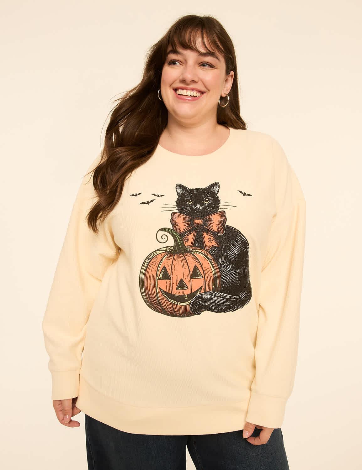 glitter pumpkin & cat graphic sweatshirt