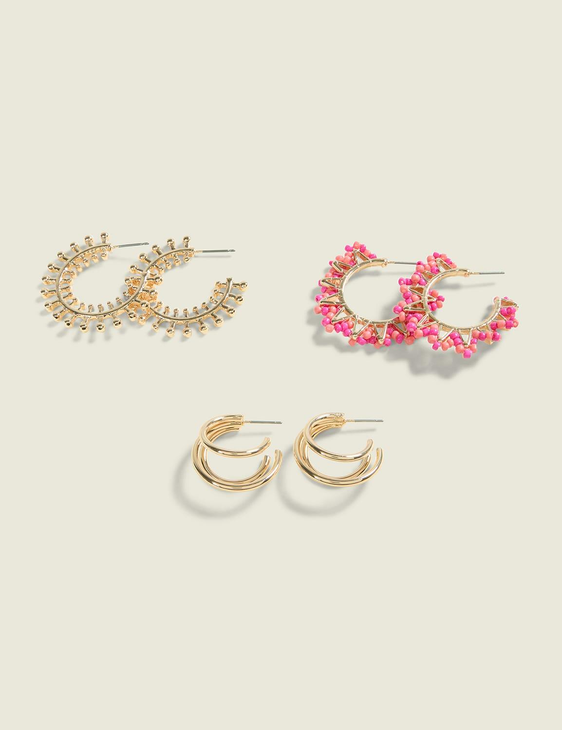 gold & beaded pink hoop 3-pack earrings