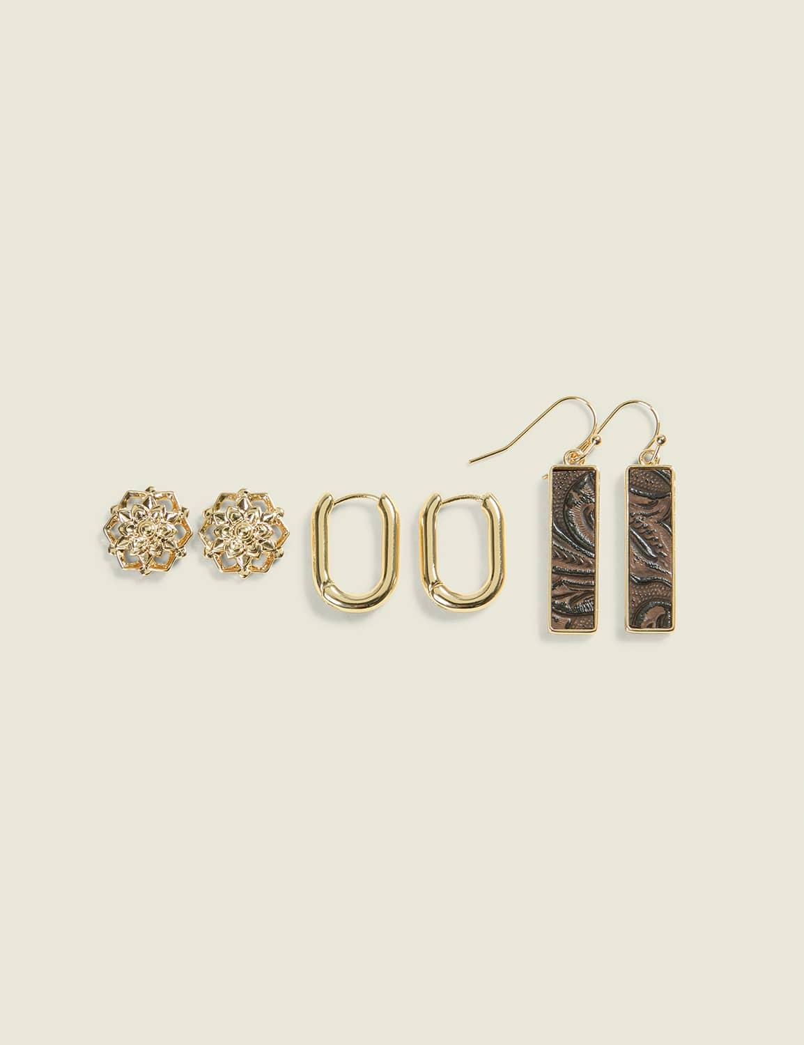 goldtone & faux-leather earring 3-pack