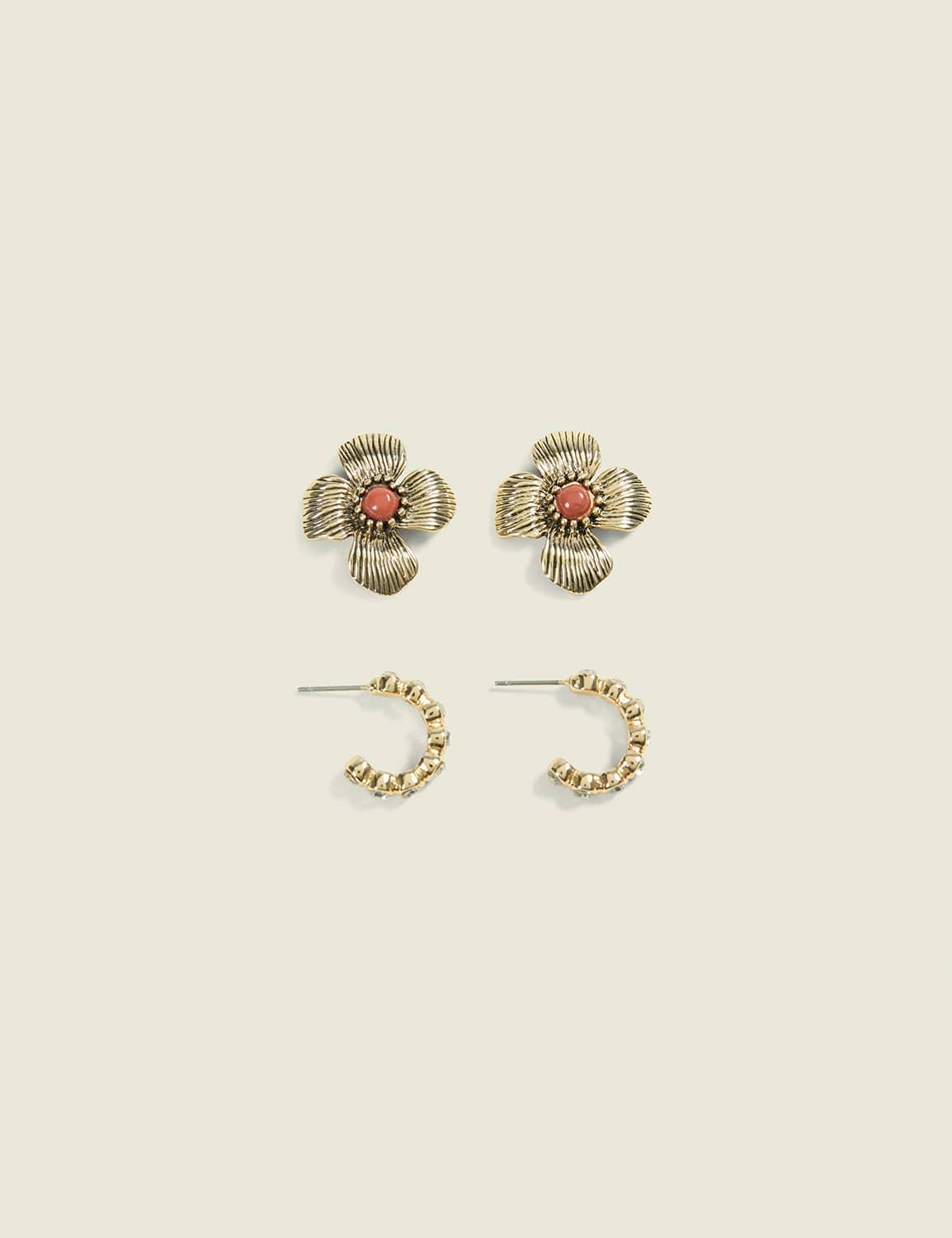 goldtone flower & pave hoop earring 2-pack