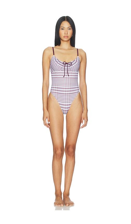 good american plaid drawstring one piece swimsuit in baby blue. - size l (also in xs, m)