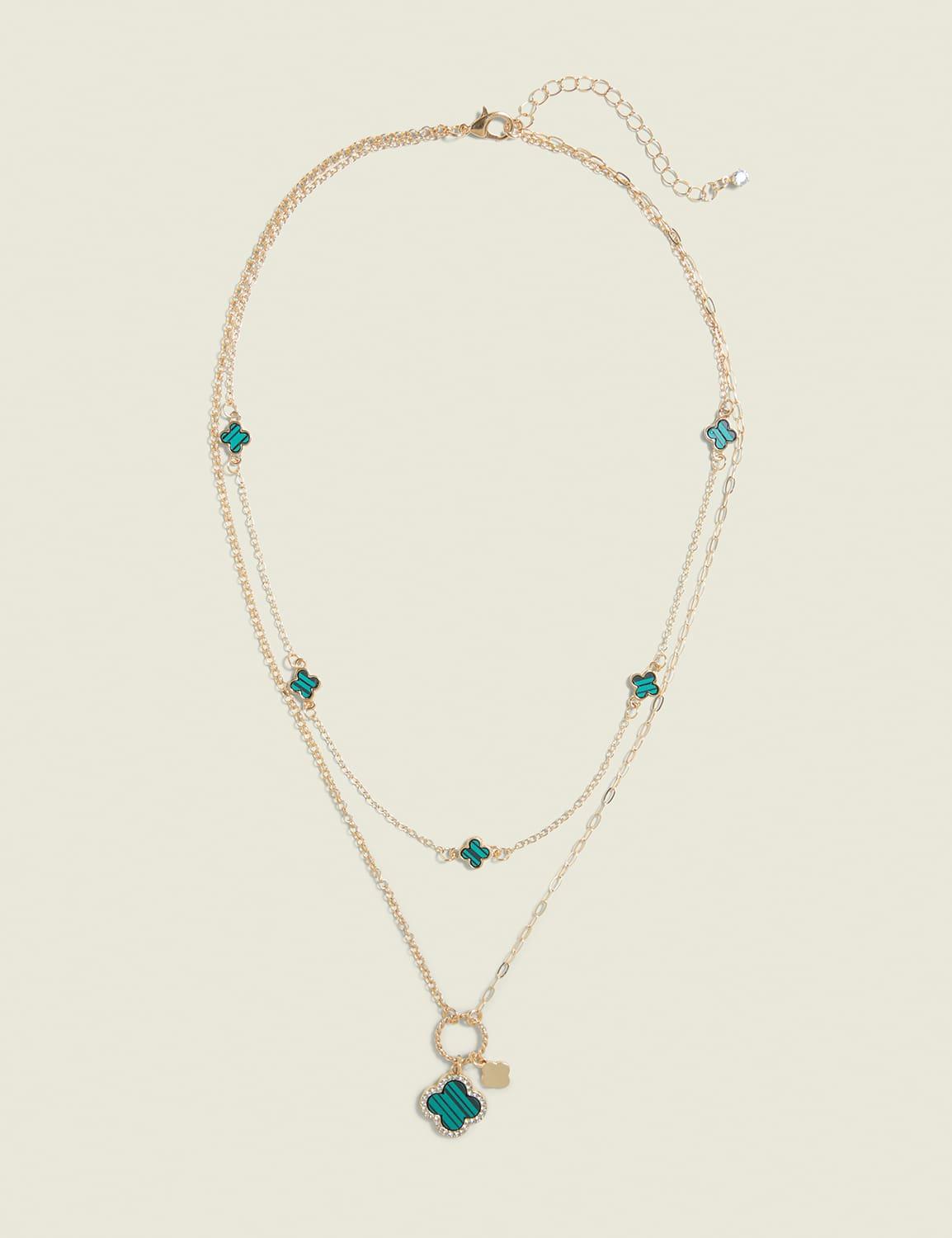 green & goldtone clover multi-row necklace