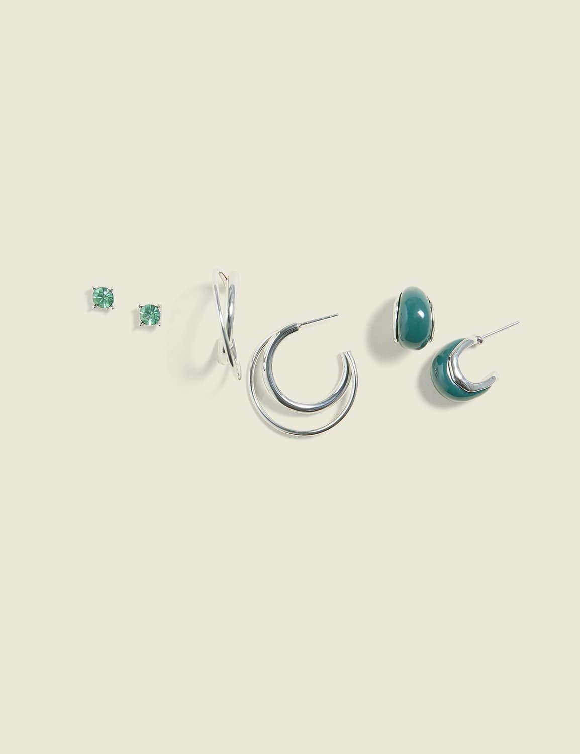 green & silvertone earring 3-pack