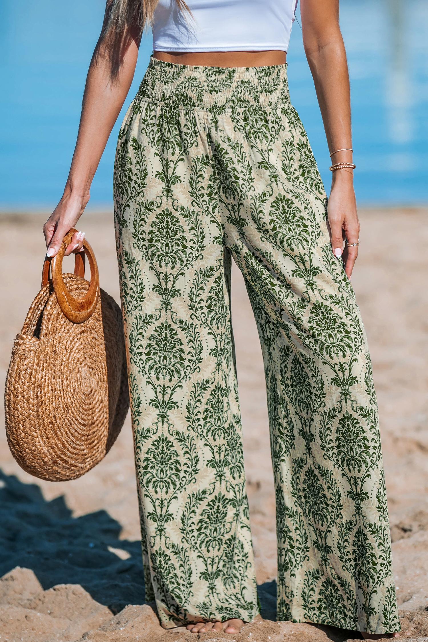 green damask wide leg pants - l