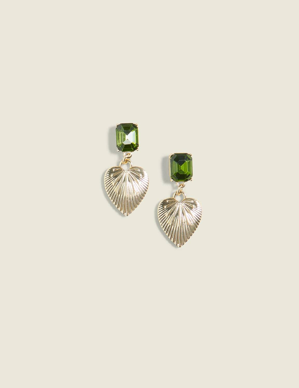 green imitation stone & heart drop earrings