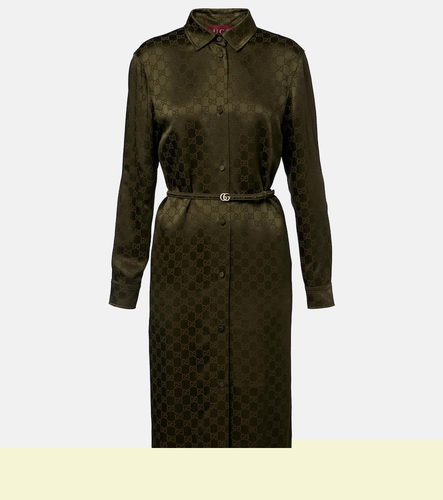 gucci gg belted satin jacquard shirt dress