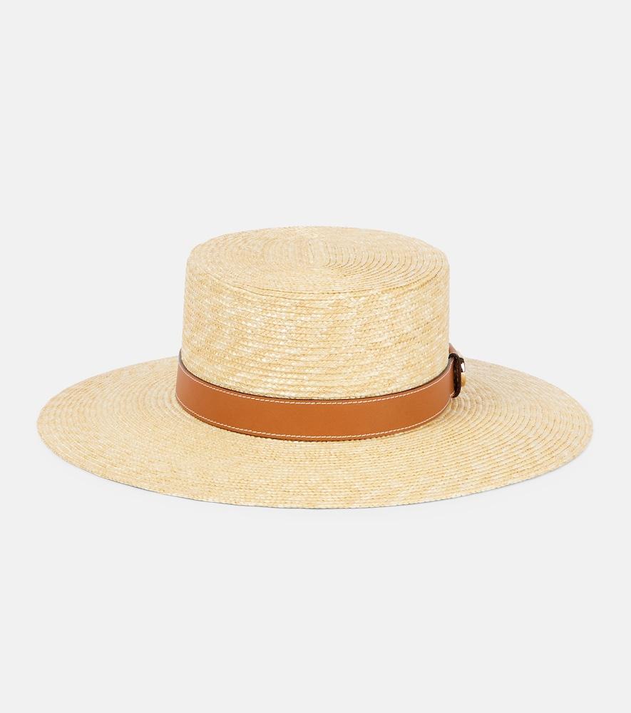 gucci gg leather-trimmed straw boater hat