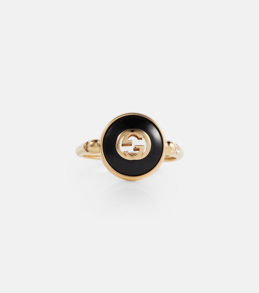 gucci interlocking g 18kt gold ring with onyx and white diamonds