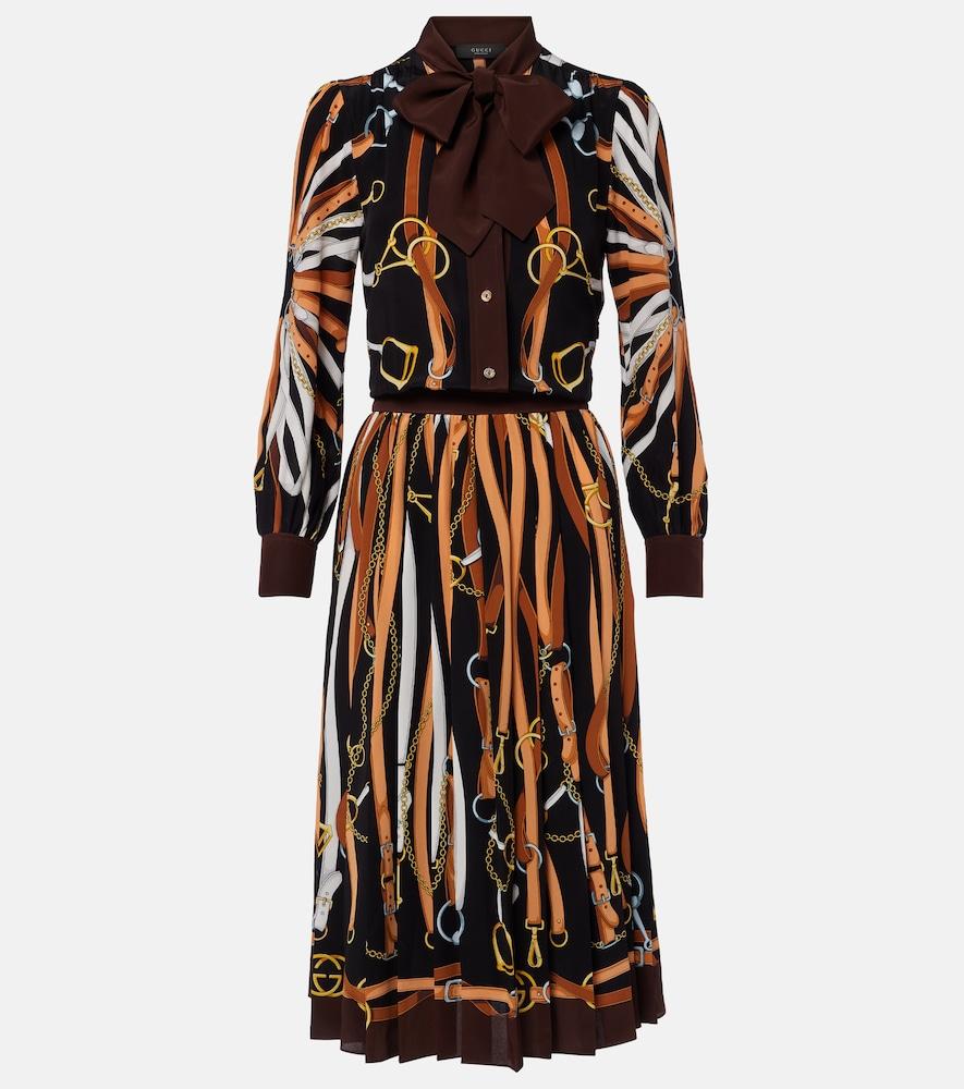 gucci printed tie-neck silk shirt dress