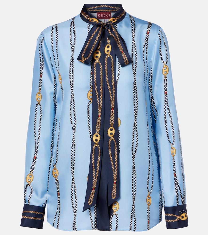 gucci printed tie-neck silk twill shirt