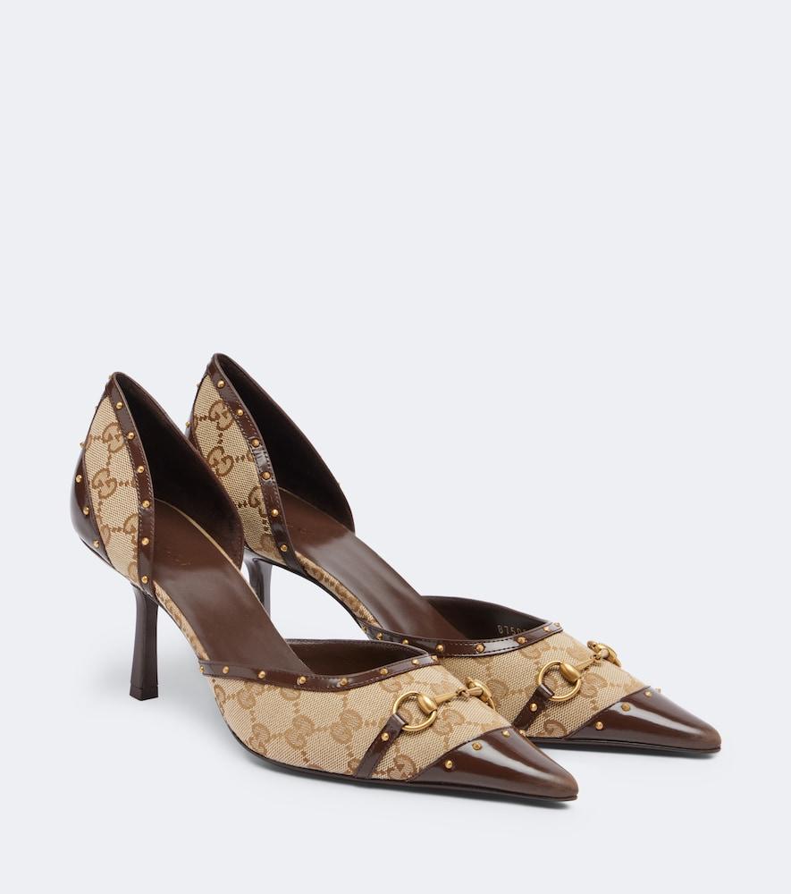 gucci savoy gg canvas leather-trimmed pumps