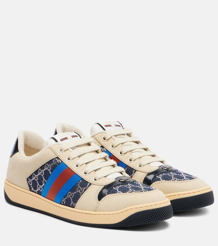gucci screener gg leather-trimmed denim sneakers