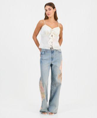 guess womens sleeveless saisha babydoll top rey floral applique wide leg jeans