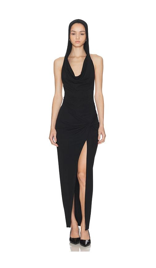 haelo hooded draped dress in black. - size l (also in m, xl, xs, xxs)