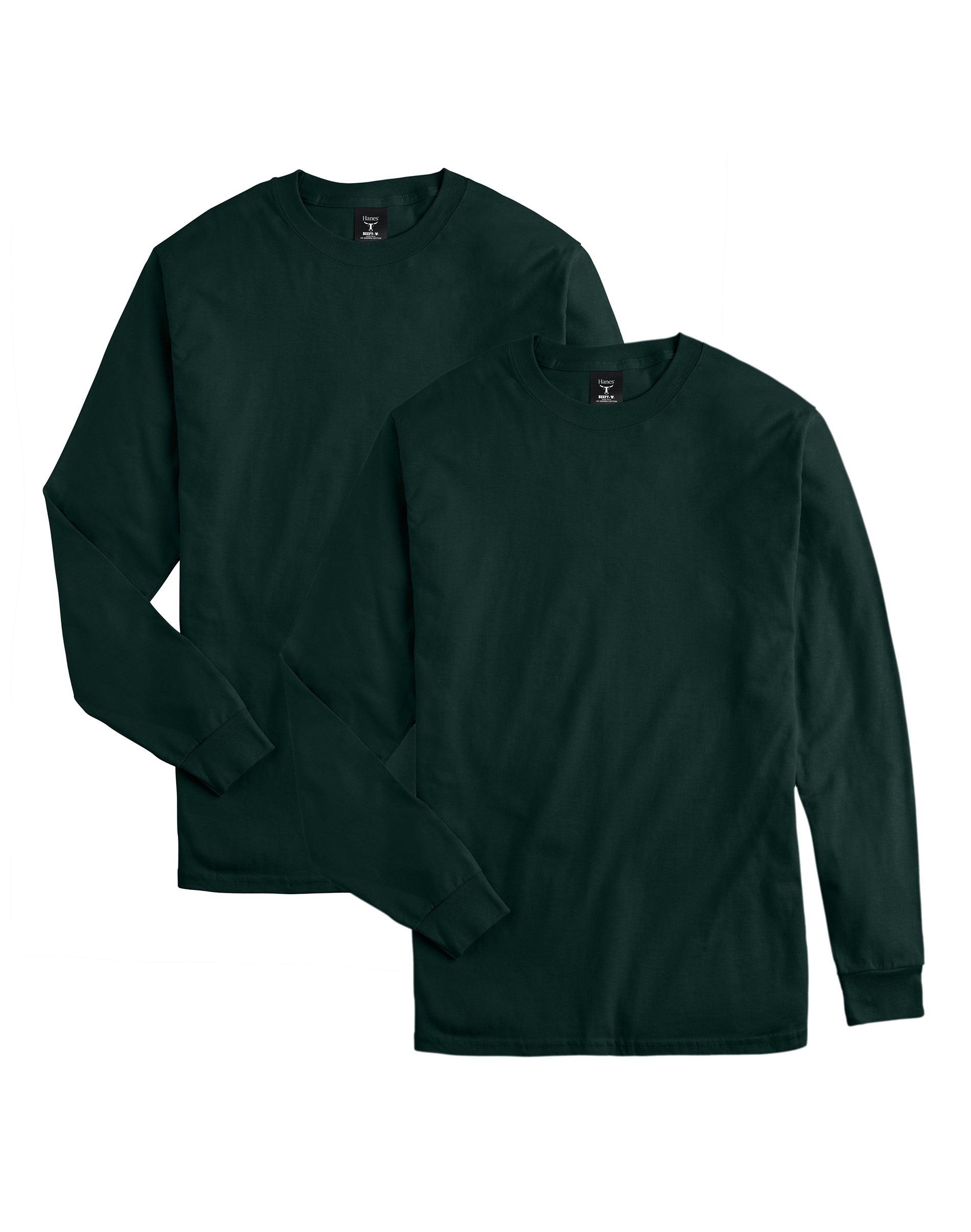 hanes beefy-t unisex long-sleeve t-shirt, value 2-pack deep forest s