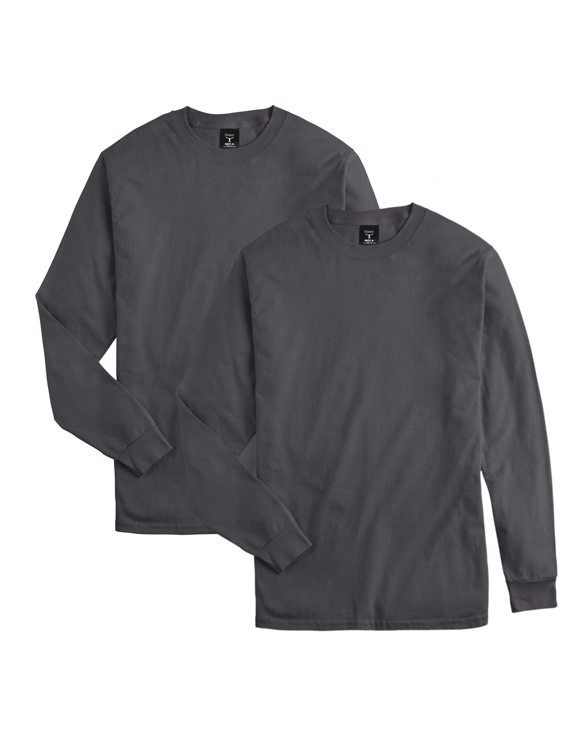 hanes beefy-t unisex long-sleeve t-shirt, value 2-pack smoke gray s