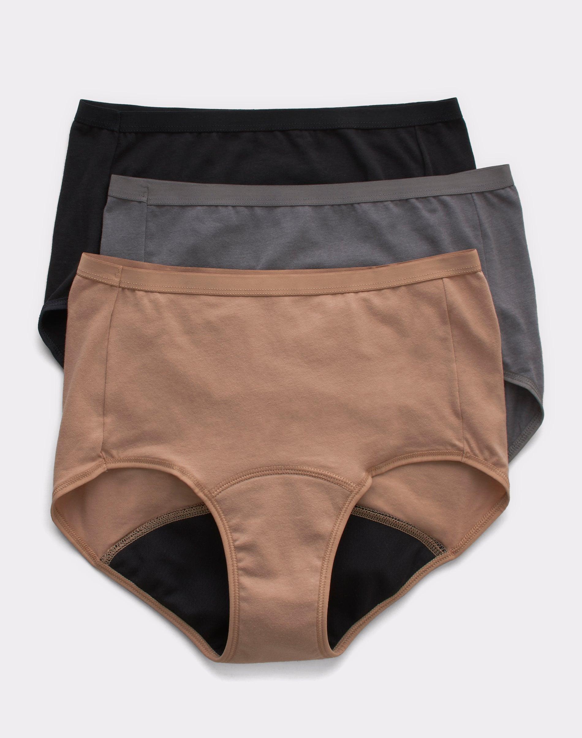 hanes comfort, period. women's brief underwear, moderate leaks, neutrals, 3-pack assorted 6