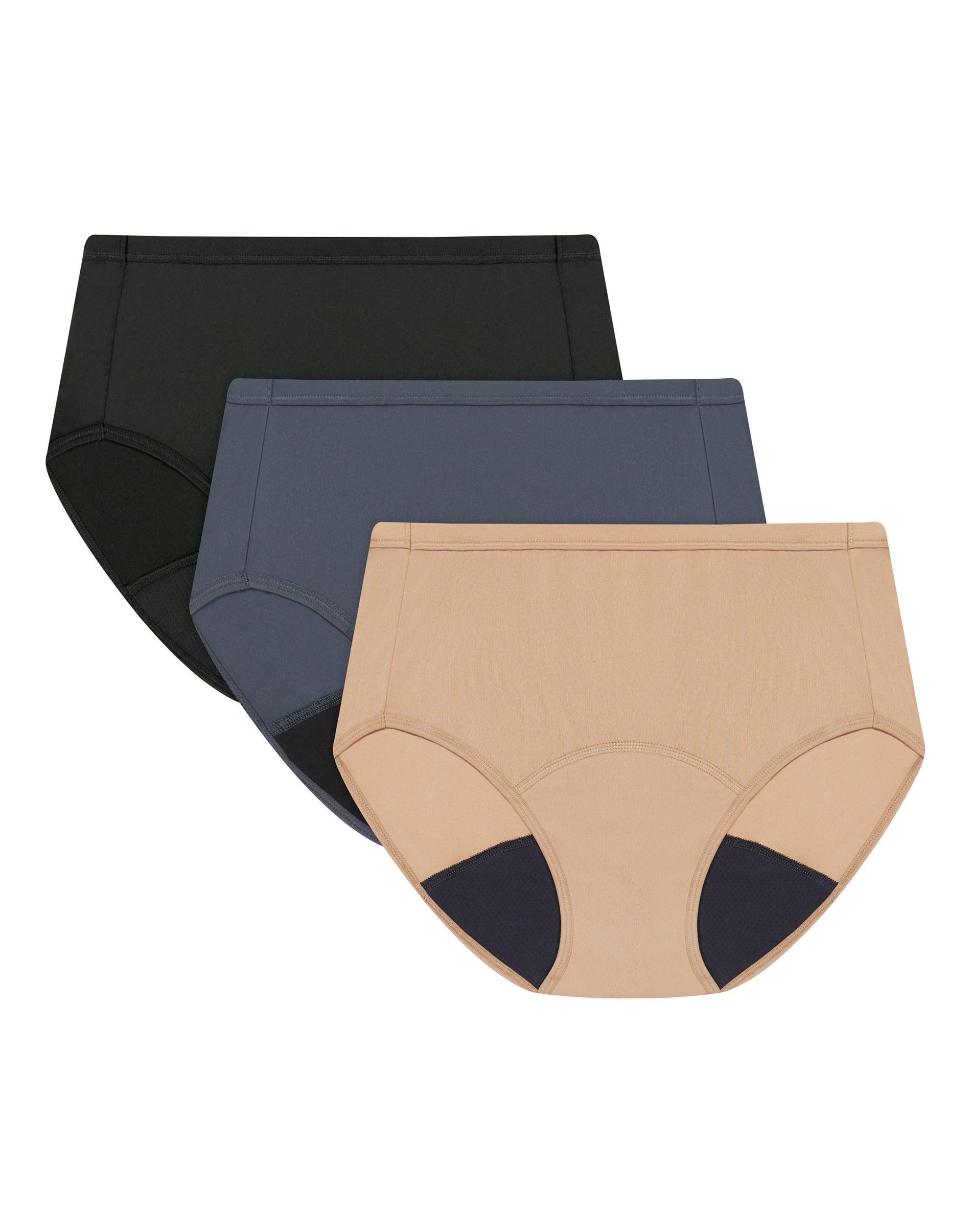 hanes comfort, period. women's underwear briefs pack, 3-pack, light bladder leak protection black/grey/beige s