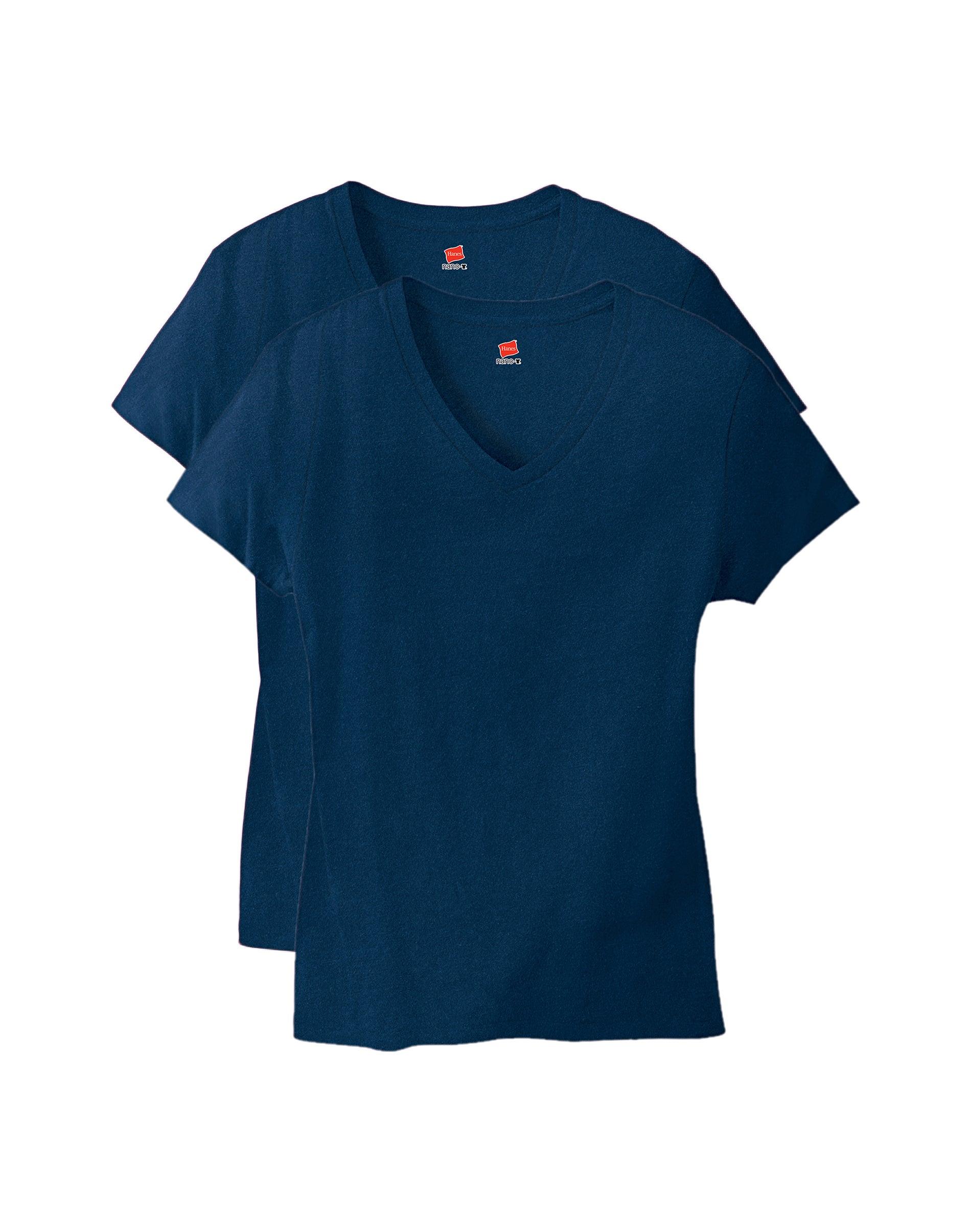 hanes perfect-t women's v-neck cotton t-shirt, value 2-pack navy s