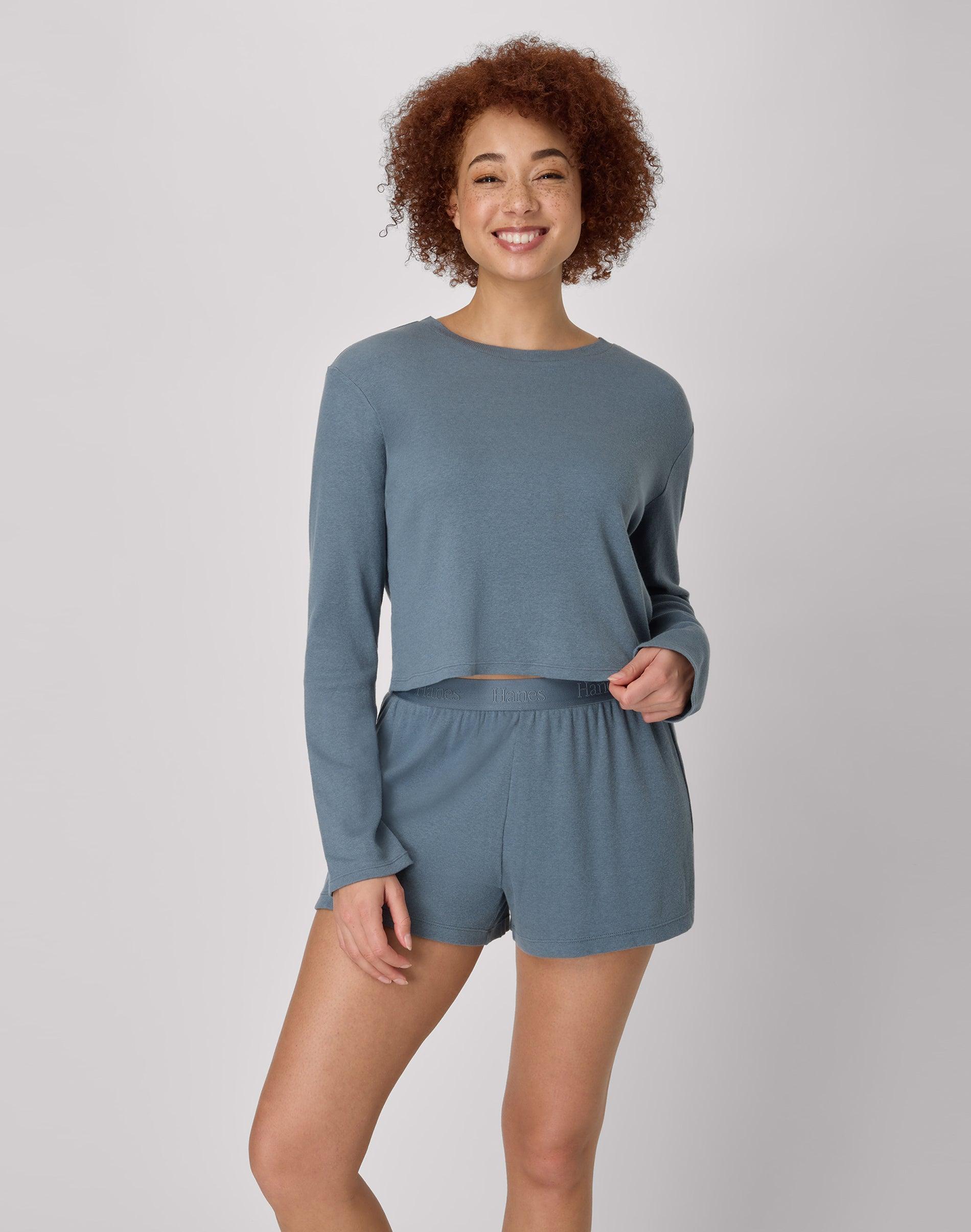 hanes women's rib crop long sleeve & sleep short set stargazer grey/stargazer grey xs
