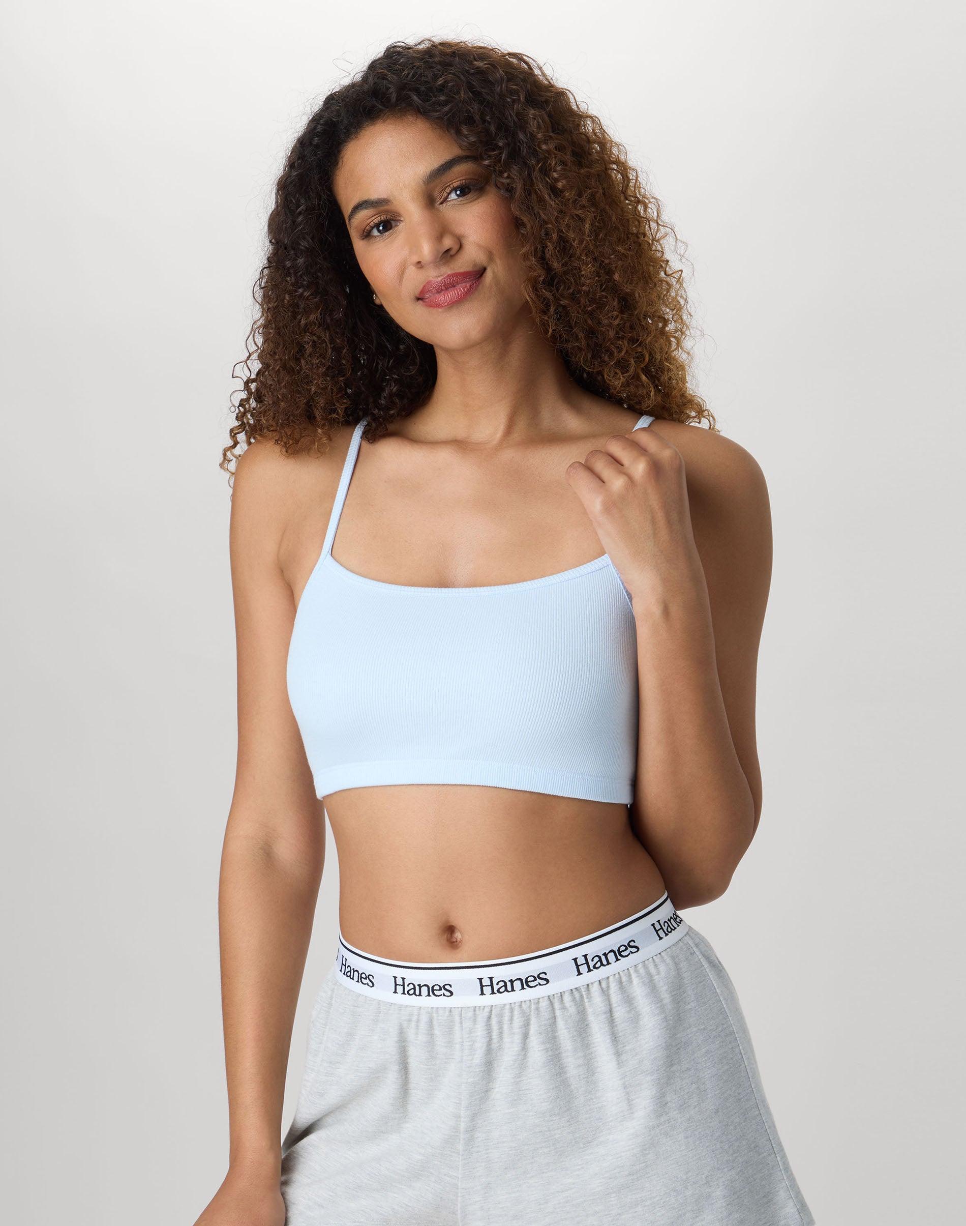 hanes women's string crop bralette, 3-pack magical blue/concrete pe heather/smooth blue rib xs