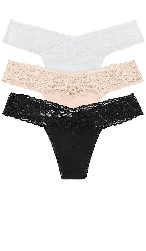 hanky panky cotton 3 pack low rise thongs in black & white.