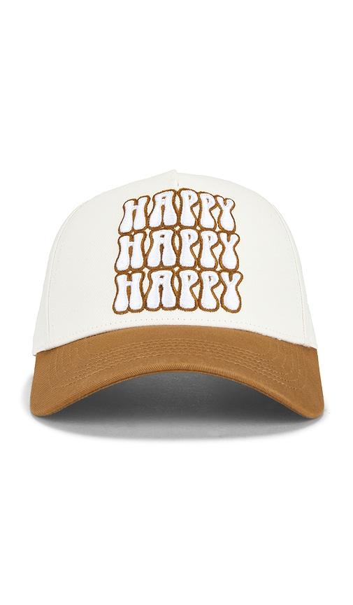 happy caps stacked bubble logo two tone 5 panel hat in brown,white.