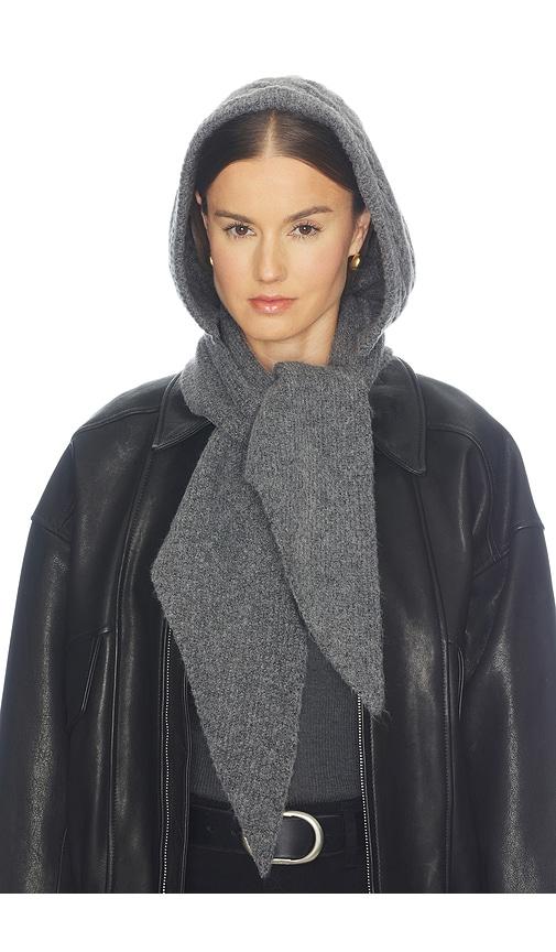 hat attack cable hooded scarf in grey.