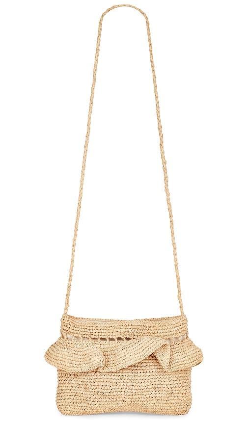 hat attack ruffle clutch in tan.